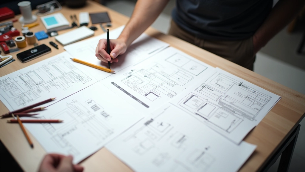 Multiple wireframe iterations and prototypes arranged on table showing design evolution and refinement