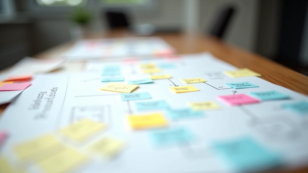 Research notes and user journey insights spread across a desk with sticky notes and diagrams