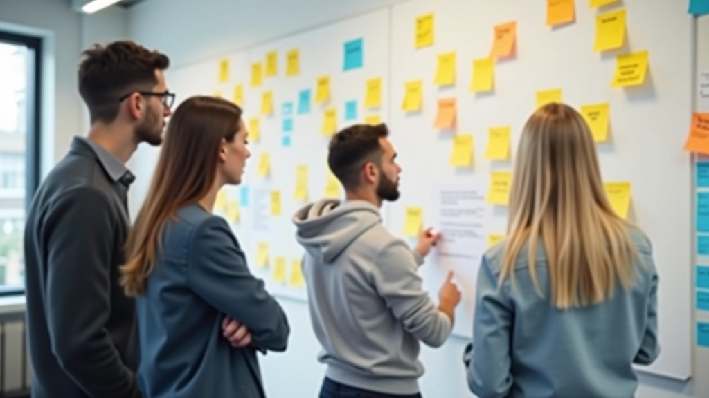 Design team reviewing user interview notes, affinity mapping research findings on wall with sticky notes and themes