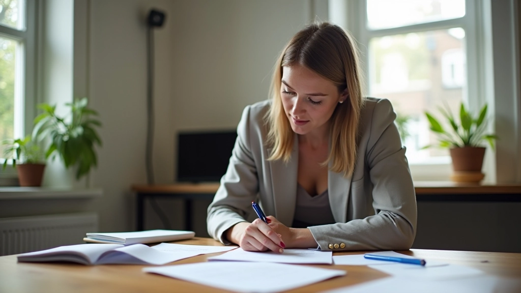 Researcher planning user interview with research framework document, color-coded sticky notes, and interview guide on desk