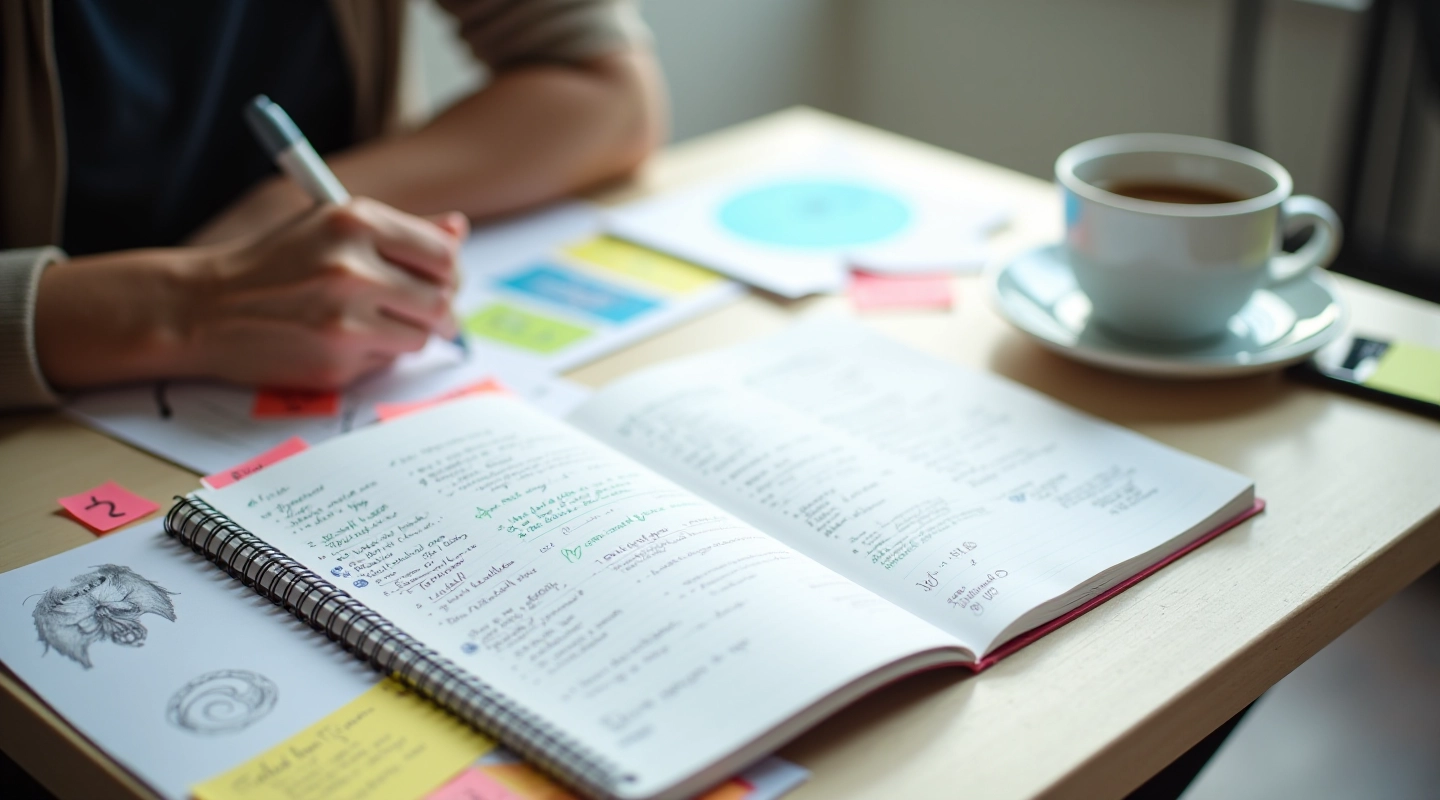 Notebook with user research notes, sticky notes, and sketches spread across a workspace table
